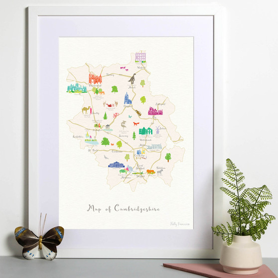 Illustrated hand drawn Map of Cambridgeshire art print by artist Holly Francesca.