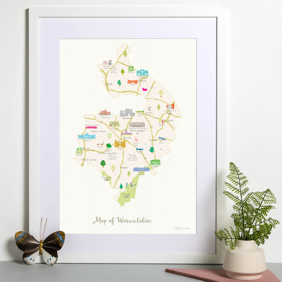 Illustrated hand drawn Map of Warwickshire art print by artist Holly Francesca.