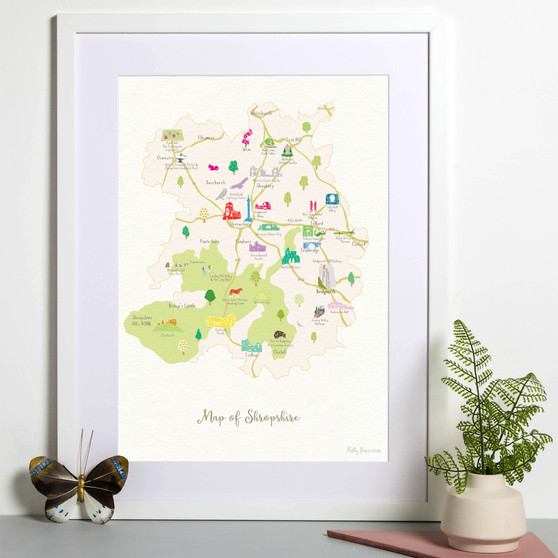 Illustrated hand drawn Map of Shropshire art print by artist Holly Francesca.