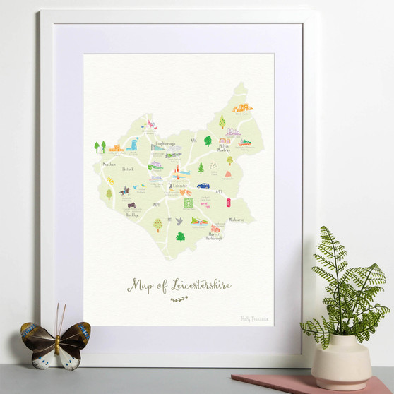 Illustrated hand drawn Map of Leicestershire art print by artist Holly Francesca.