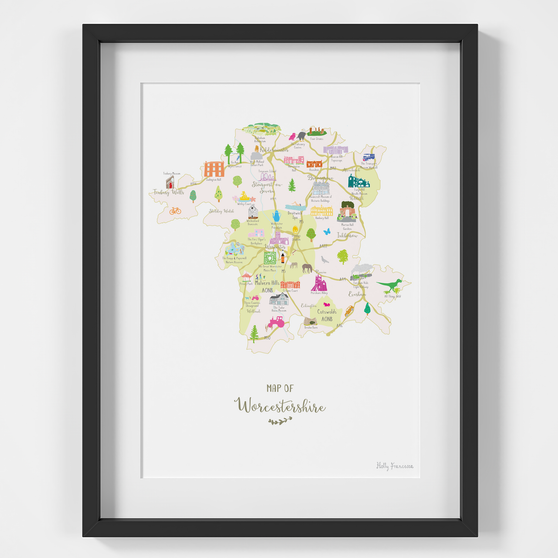 Illustrated hand drawn Map of Worcestershire art print by artist Holly Francesca.