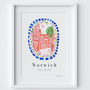 Elm Hill Norwich, Norfolk Broads Scene - Patterned Landscapes: Heritage Pink Edition Print by Artist & Illustrator Holly Francesca