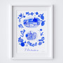 Florence in Italy Blue Portuguese 'Azulejo' tiles - Watercolour Painted Fountain of Neptune and the Piazza del Duomo, located at the heart of the historic centre of Florence, in Tuscany. As a Art Print by Holly Francesca