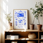 The Azores Blue Portuguese 'Azulejo' tiles - Watercolour Painted Scene of Caldeira das Sete Cidades, on São Miguel island, and a whale & dolphin scene, as many can be seen within the archipelago. Art Print by Holly Francesca