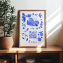 Rome in Italy Blue Portuguese 'Azulejo' tiles - Watercolour Painted St. Peter's Basilica and the striking Colosseum, the largest ancient amphitheatre ever built. As a Art Print by Holly Francesca