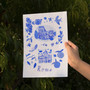 Rome in Italy Blue Portuguese 'Azulejo' tiles - Watercolour Painted St. Peter's Basilica and the striking Colosseum, the largest ancient amphitheatre ever built. As a Art Print by Holly Francesca