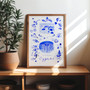 Cyprus Blue Portuguese 'Azulejo' tiles - Watercolour Painted Scene of the Tombs of the Kings, in Paphos, and the spectacular Love Bridge & Blue Lagoon, in the Cape Greco National Park. As a Art Print by Holly Francesca