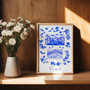 Venice in Italy Blue Portuguese 'Azulejo' tiles - Watercolour Painted Rialto Bridge with a gondola passing under and a view of the Grand Canal waterway. As a Art Print by Holly Francesca