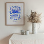 Venice in Italy Blue Portuguese 'Azulejo' tiles - Watercolour Painted Rialto Bridge with a gondola passing under and a view of the Grand Canal waterway. As a Art Print by Holly Francesca