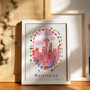 Space Needle, Seattle Poster - Washington State USA Landmark - Patterned Landscapes: Heritage Pink Edition Print  by artist and illustrator Holly Francesca