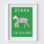 Fun Zebra Crossing nursery art print in bright & bold colours by Wakey Wakey. Created by UK Artist Holly Francesca.
