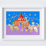 Magical circus at night kids art print in dreamy bold colours by Wakey Wakey. Created by UK Artist Holly Francesca.