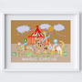 Magical circus at night kids art print in dreamy beige colours by Wakey Wakey. Created by UK Artist Holly Francesca.