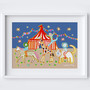 Magical circus at night kids art print in bold colours by Wakey Wakey. Created by UK Artist Holly Francesca.