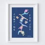 Charming Kids Jumping for Joy art print in bright & bold colours by Wakey Wakey. Created by UK Artist Holly Francesca.