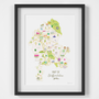 Illustrated hand drawn Map of Staffordshire art print by artist Holly Francesca.