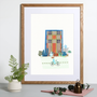Illustrated city scene with girl riding a bike. Created from original drawings,paintings and this includes a vintage painted pattern used to form a collage by artist Holly Francesca.