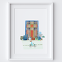 Illustrated city scene with girl riding a bike. Created from original drawings,paintings and this includes a vintage painted pattern used to form a collage by artist Holly Francesca.