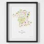 Illustrated hand drawn Map of Worcestershire art print by artist Holly Francesca.