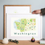 Illustrated hand drawn Map of Washington state art print by artist Holly Francesca.