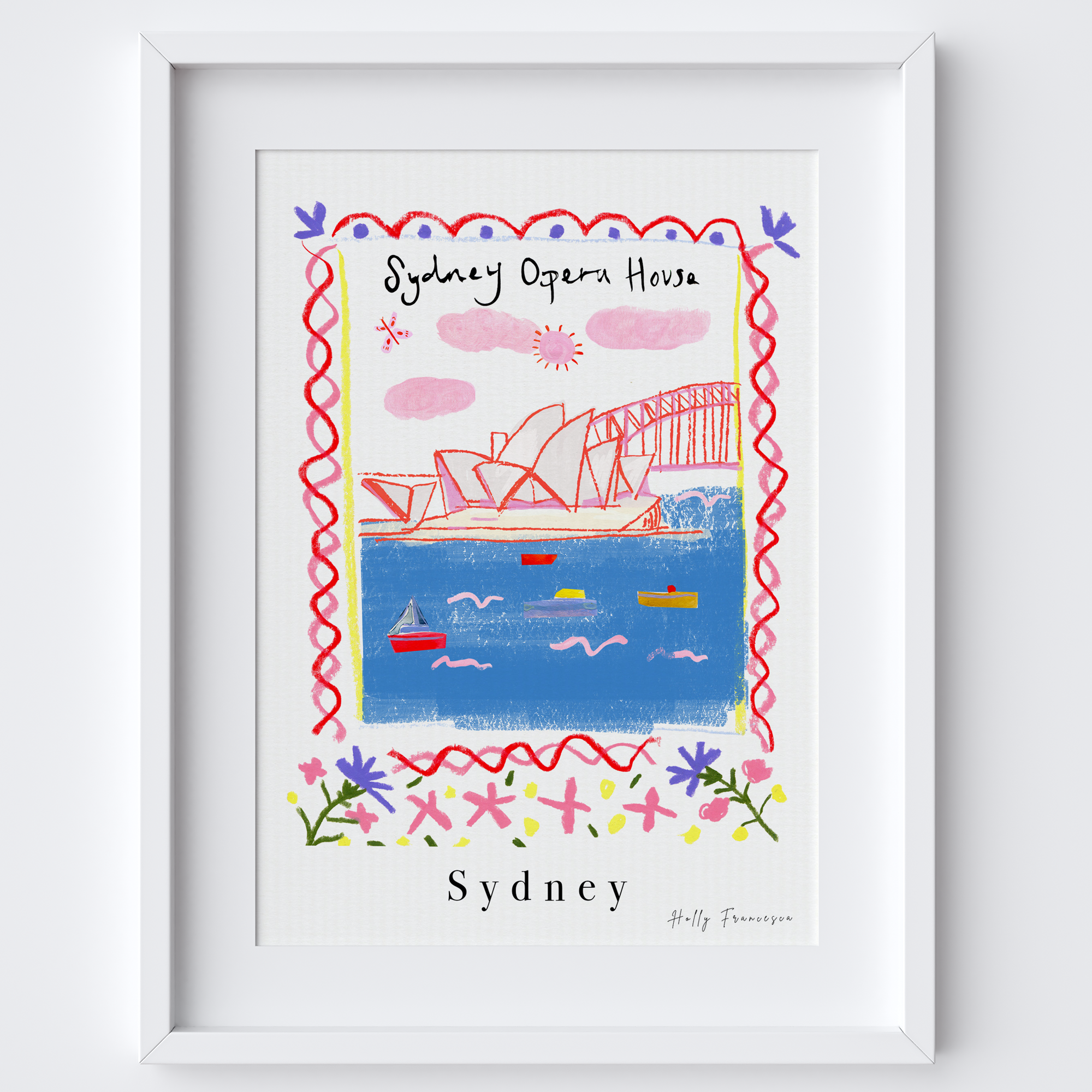 ケンダン Sydneyポスター シドニー港 オペラハウス ハーバーブリッジ 版画 white_frame_Sydney_Opera_House