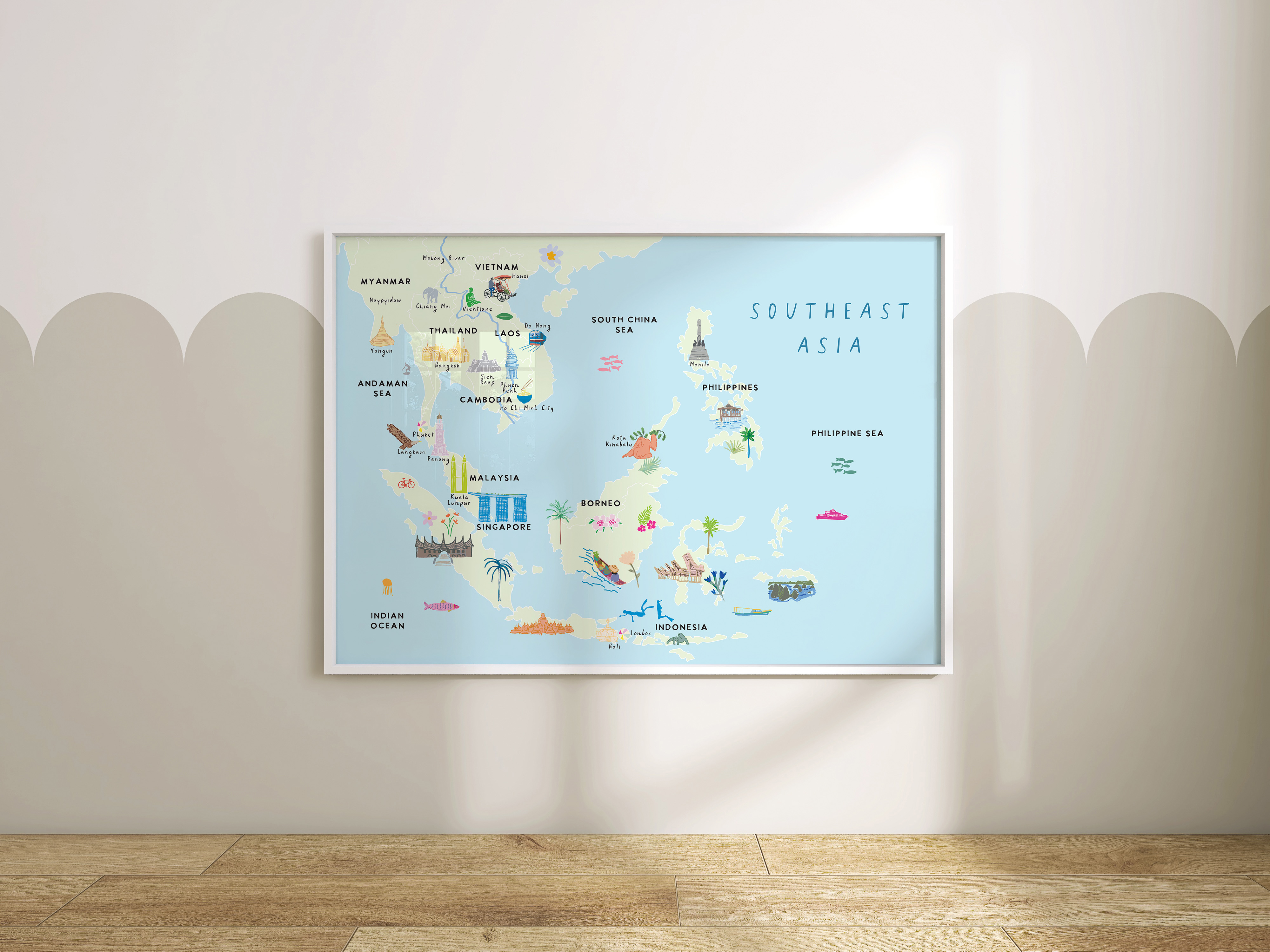 Illustrated hand drawn Map of South East Asia by UK artist Holly Francesca.
