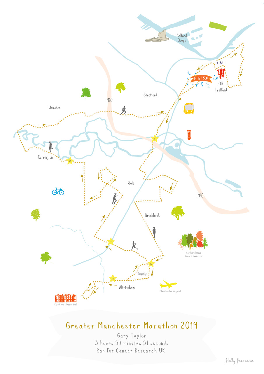Illustrated hand drawn Greater Manchester Marathon Route Map art print ...