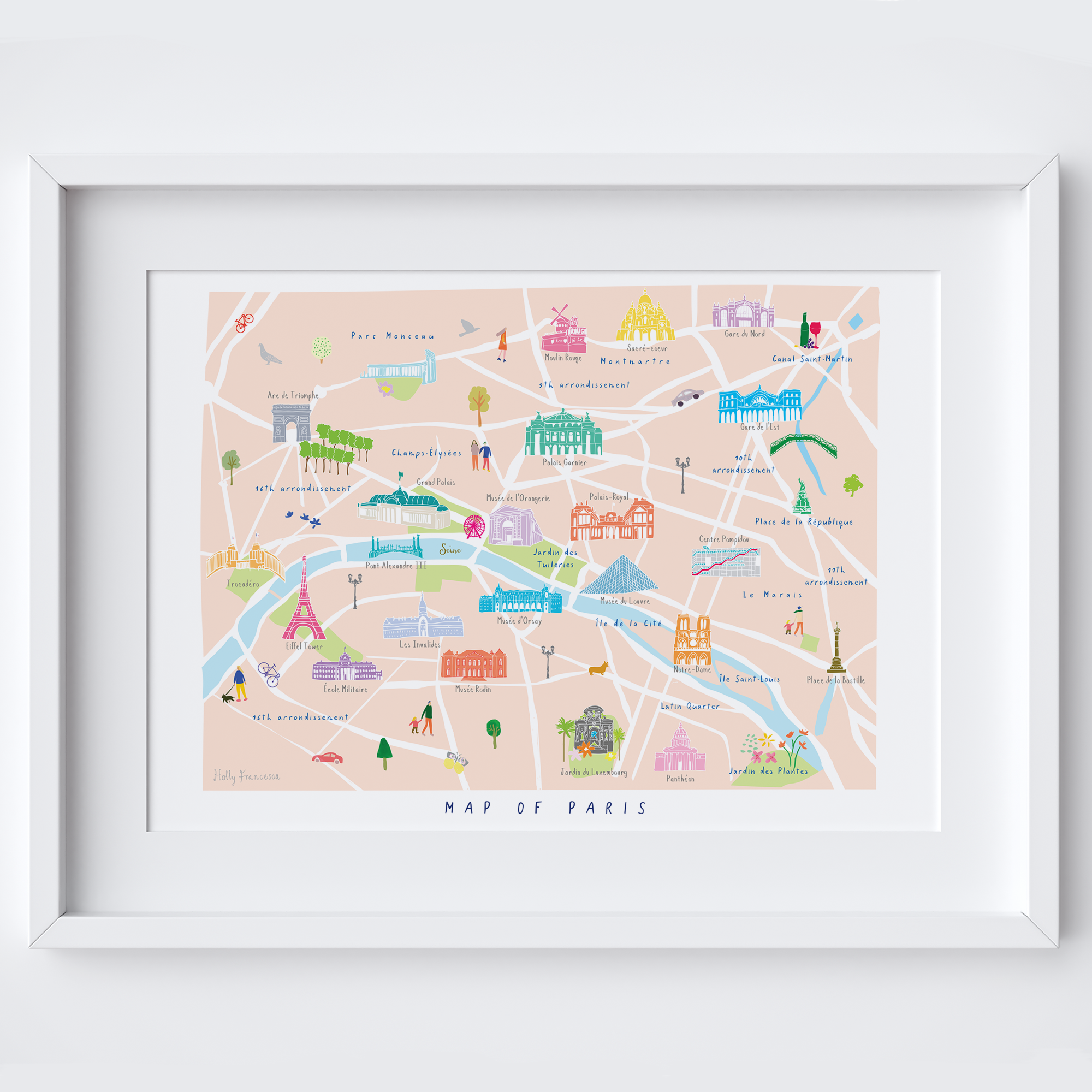 Illustrated Personalised Paris Map Art Print by artist Holly Francesca.