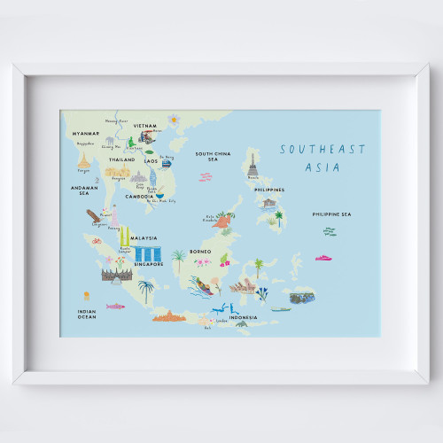 Illustrated hand drawn Map of South East Asia by UK artist Holly Francesca.