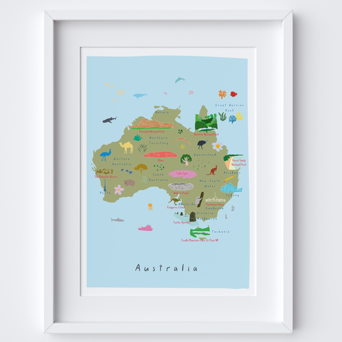 Illustrated hand drawn Map of Australia by UK artist Holly Francesca.
