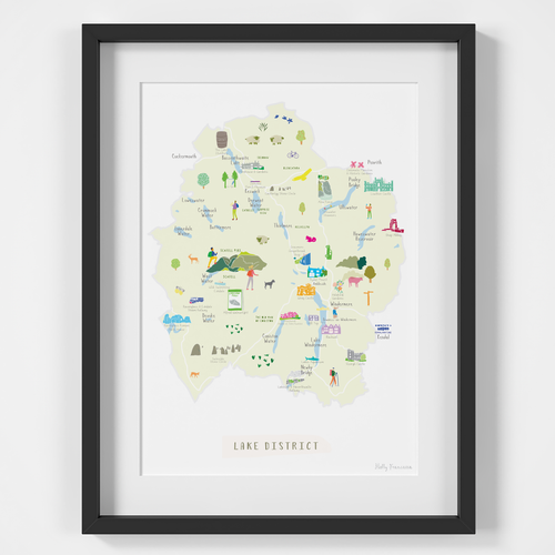 Illustrated hand drawn Map of the Lake District National Park art print ...