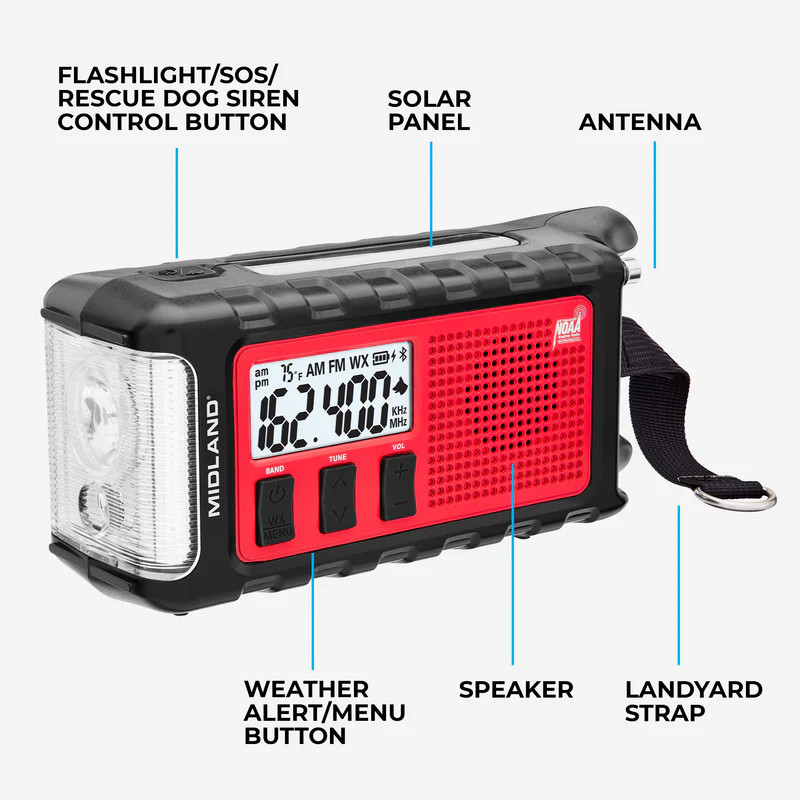 Midland ER310PRO Weather Radio includes a flashlight