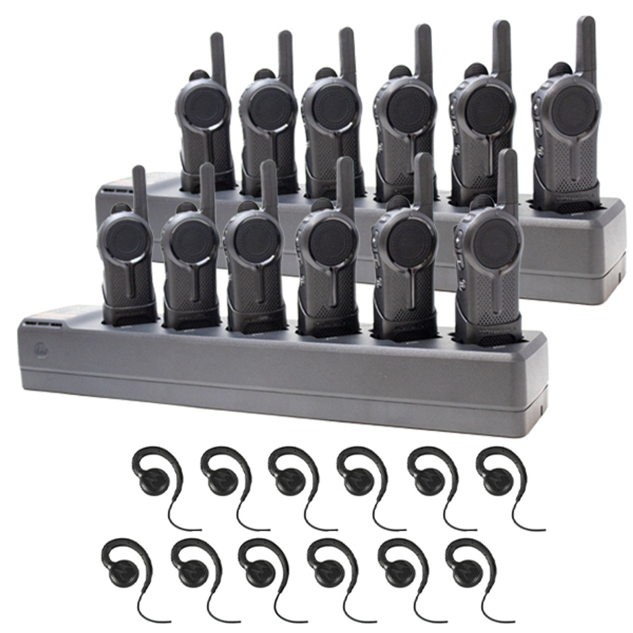 Motorola DLR110 12 Pack with 2 6 Port Charging Trays & 12 PMLN8311 C Ring  Headsets