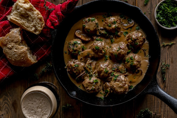 Elk Meatballs with Stout and Mushroom Gravy