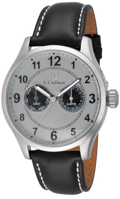 S. Coifman Multifunction Grey Dial Black Leather Men's Watch