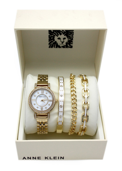 Anne Klein Blush MOP Crystal Dial Ladies Watch Set with Swarovski Crystal and additional bracelet and bangle