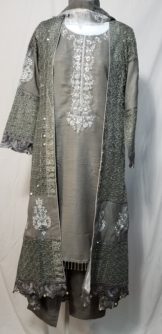 Gray Formal Chiffon Blazer High Low Mirror Work  4pc Medium 40" Shalwar kameez  Skp636