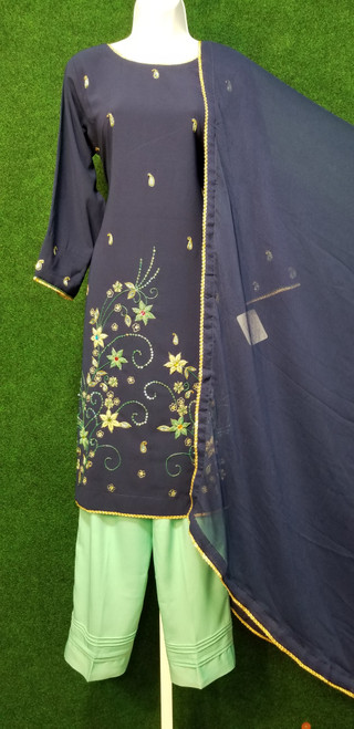 Navy Blue Georgette  Party Wear 3pc Large 44" Suit  SKP69