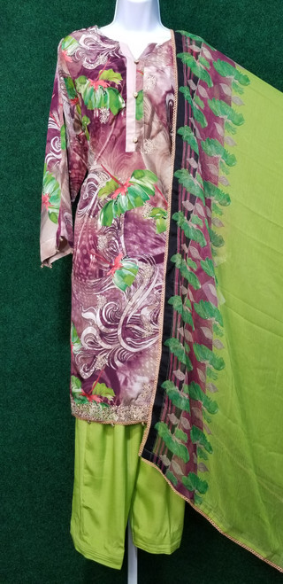 Multicolor Silk Chiffon Party  Wear 3pc XLarge 47" Suit  SKP70