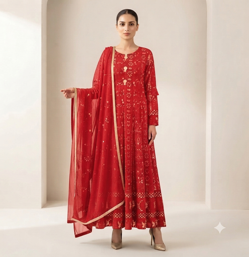 Wedding Wear Red Chikankari Gown JC34-Red