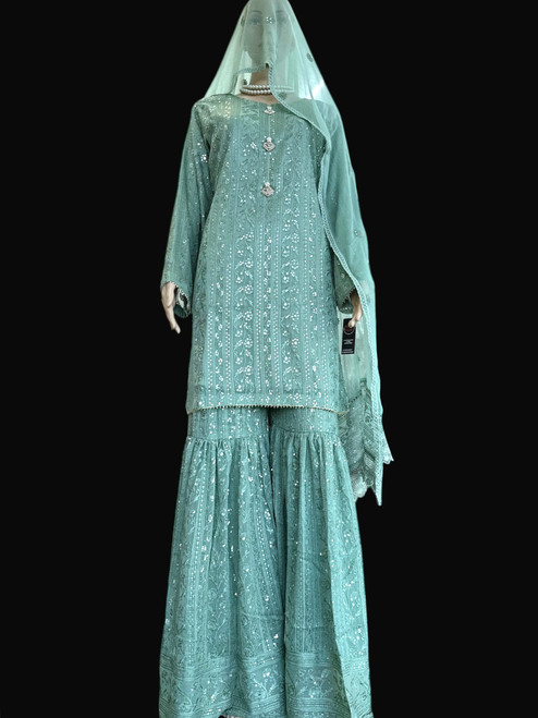 Sea Green Pure Chiffon Chikankari Sharara CGreen01 Sea Green Pure Chiffon Chikankari Sharara CGreen01