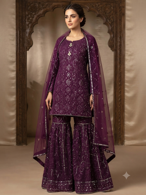 Dark Purple Pure Chiffon Chikankari 62" 9XLarge Sharara  Purple01