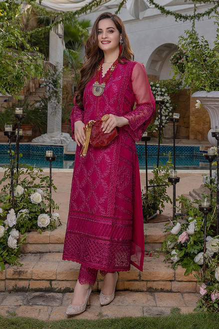 Dark Magenta Plus size Pure Chiffon 3pc Suit PLUS20