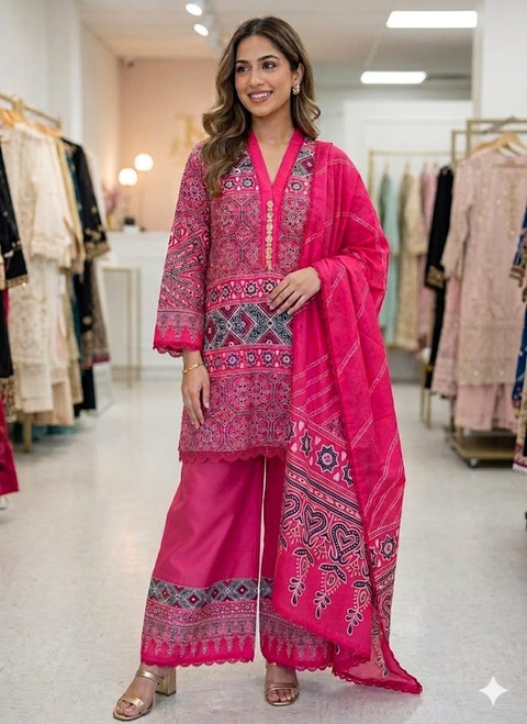 Hot Pink Traditional Ajrak Modern Silk Co-Ord Set 3pc Suit AJRK2