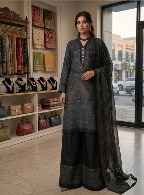 Black with Green Traditional Ajrak Modern Silk Co-Ord Set 3pc Suit AJRK3