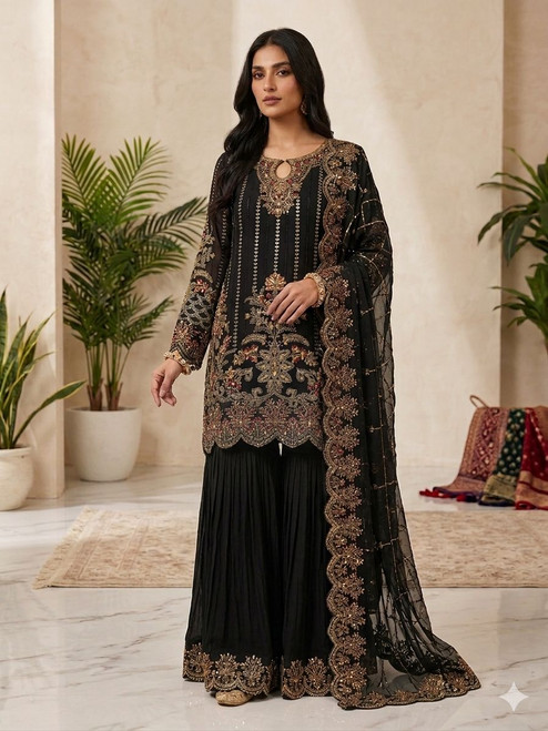 Luxury Pret Large 42" Embroidered Chiffon 3pc Gharara Gha04