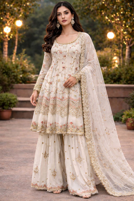 Luxury Pret  Embroidered Chiffon 3pc Gharara Gha05
