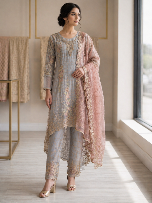 Luxury Bridal  Gray High N Low  3pc Suit WHL01