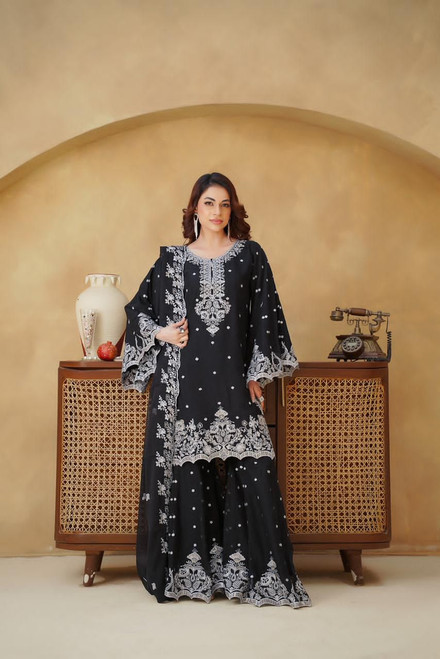 Luxury Pret  Embroidered Chiffon 3pc Gharara RGha1