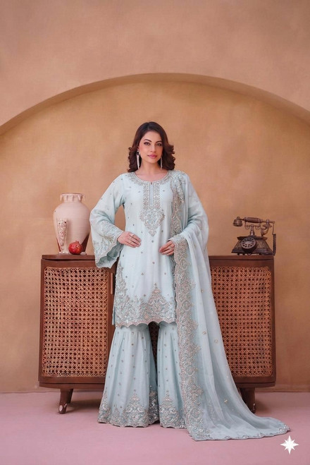 Luxury Pret  Embroidered Chiffon 3pc Gharara RGha6